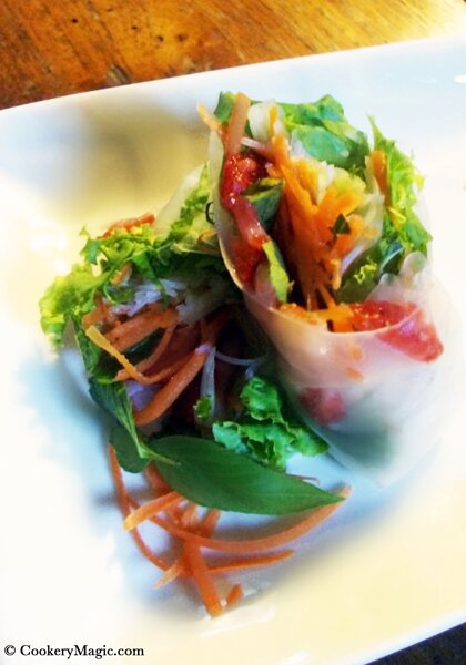 rice paper roll with strawberry and herbs